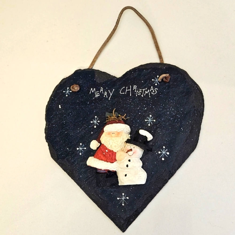 Henton Santa And Snowman Slate Stone Leather Hanging Strap Adorable Vintage